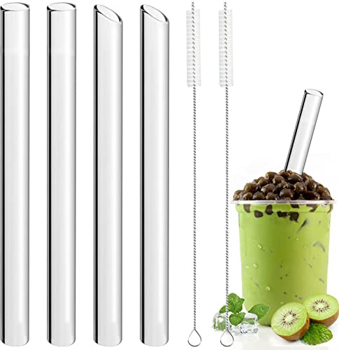 Sheryl&Rain 4 Reusable Glass Boba Straws, 14mm Wide with 2 Cleaning Brush | Clear Bubble Tea Straws Thick Glasses, Jumbo Glass Straw for Drinking Slushie, Slush, Smoothie (2 Straight &2 Slanted Cut)