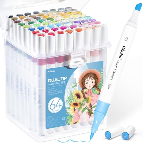 Ohuhu Marcatore ad Acqua, 64 Colori Pennarelli da Disegno Doppia Punta, Pennello & Scalpello, Pennarelli per Artisti Adulti Colorazione e Illustrazione, 1 Miscelatore Omaggio