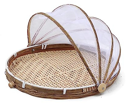Corbeille à Fruits avec Moustiquaire, Panier de Tente Rond Tissée à La Main Panier De Pique-Nique avec Pliable Gaze Alimentaires Aliments Tente Panier de Rangement pour Fruits Et Légumes