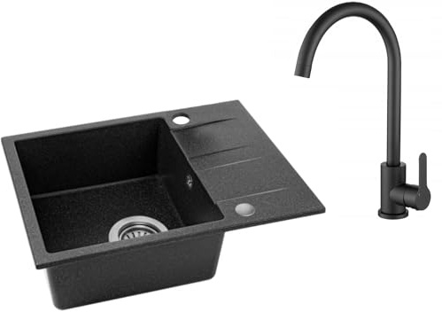 VBChome Spülbecken mit Armatur 56 x 44 cm Schwarz Granit Einzelbecken Einbauspüle Gesprenkelt Reversibel Granitspüle Siphon Waschbecken Schwarz mit Armatur