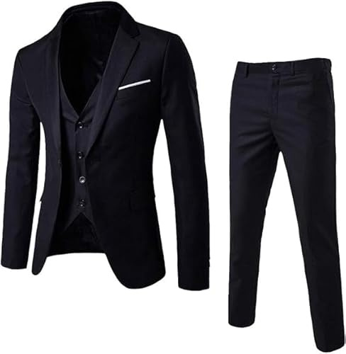Traje de 3 Piezas Slim Fit para Hombre Chaqueta Chaleco pantalón (L, Negro)