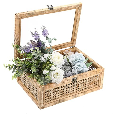 IGNPION Dekorative Rattan-Box mit Deckel, gewebtes Regal, Aufbewahrungskorb, rechteckig, Rattan, Andenken-Displaybox, Boho-Stil, Schreibtischkorb für Heimdekoration