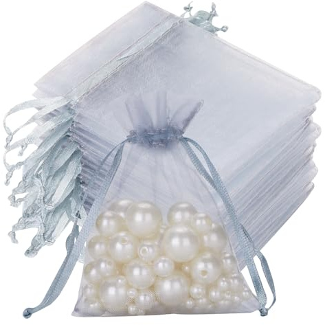 jijAcraft Organzasäckchen Klein Hochzeit Silbergrau Organza Beutel 7 * 9CM, 50 Stück mit Kordelzug, Bonbons Geschenk Schmuckbeutel, Geschenktüten für Hochzeiten