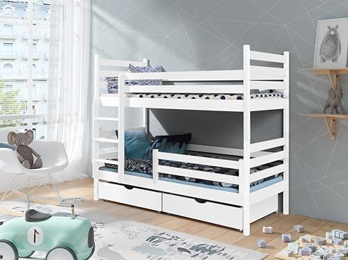KEF-MEBLE Adalbert Etagenbett 80x160 cm - Holz Kinderbett - für Zwei Kinder - Holzbett mit Schubladen - Massivholz Kinderbett - Weiß - ohne Matratze - Leiter Universal