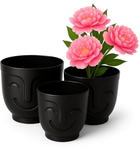 Home Garden Ornaments Plant Pots Indoor – Set of 3 Plastic Decorative Pots 14/16/18 cm, Smiling Face Pattern (Black)