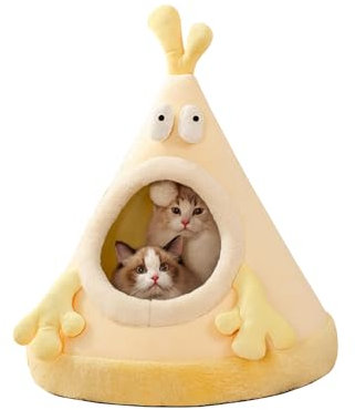 Galatée Katzenhöhlenbett, Tragbares Katzen-Iglu-Katzenhöhlenbett, Dreieckiges Haustier-Tipi, Gemütliches Und Warmes Haustierversteck, Haustierzelt Für Katze Und Hund(M, Gelb)