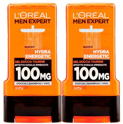 L'Oréal Paris Men Expert Hydra Energetic Duschgel für Herren, 3-in-1, Taurin, sofortiger Weckeffekt, 100 mg, belebende Wirkung für Körper, Gesicht, Haare, Formel mit Taurin, 2 Flaschen à 300 ml