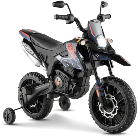 GYMAX Kids Electric Motorbike, 12V Aprilia Licensed Battery Powered Ride on Motorcycle with Training Wheels, Music, USB, Wireless Function & light, Dirt Motor Bike for 3 Years Old+ (Blue+Black)