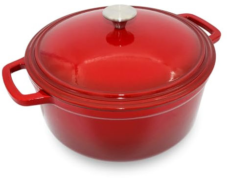 MINLUFUL Horno holandés de hierro fundido con tapa, olla grande de 7 cuartos de galón para hornear pan, guisar y hervir con esmalte antiadherente, apto para estufa y horno, rojo clásico