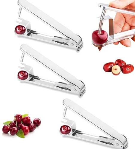 2024 Lot de 3 dénoyauteurs de cerises en acier inoxydable | Outil de dénoyauteur de cerises robuste | Extracteur de noyaux de cerises | Dénoyauteur rapide des cerises pour confiture de cerises et