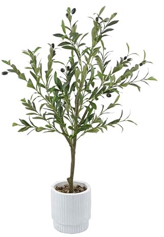 GreenBoxx Olivo artificial de 3 pies con maceta blanca y guijarros – Hojas de seda realistas, plantas falsas modernas de olivo falso, decoración perfecta para el hogar, oficina y decoración de