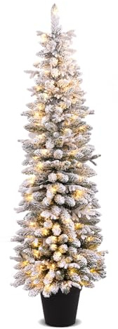 COSTWAY Bleistift Weihnachtsbaum mit Schnee, Tannenbaum künstlich mit Beleuchtung, LEDs in Warmweiß & 8 Lichtmodi, schneebedeckter Christbaum im Topf, schmal, Grün+Weiß (180cm)