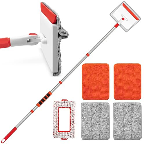 JEHONN Skirting Board Cleaner Tool with Long Handle 142 cm, Wall Mop with 1 Stiff Bristles Scrubber Brush, 2 Chenille, 2 Microfiber Pads, Baseboards Duster for Cleaning Ceiling Window Tile Tub
