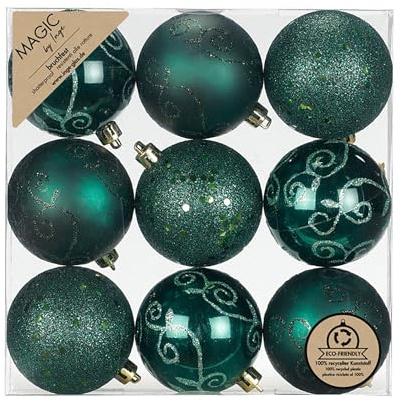 Inge-glas Weihnachtskugeln Kunststoff 6cm 9er Set - bruchsicher & mit Glitzer Muster - Christbaumkugeln für Weihnachtsbaum - Weihnachtsbaumkugeln & Christbaumschmuck Dunkelgrün - Noble Green