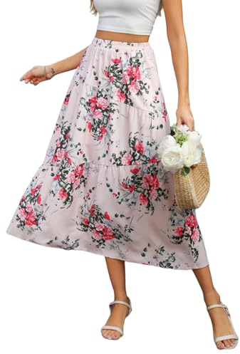 Zeagoo Maxi-Jupe Femme Taille Haute Élastique Jupes Longue Flowy Jupe d'Été avec Poches Élégante Rock Longue Rose Fleurs XXL