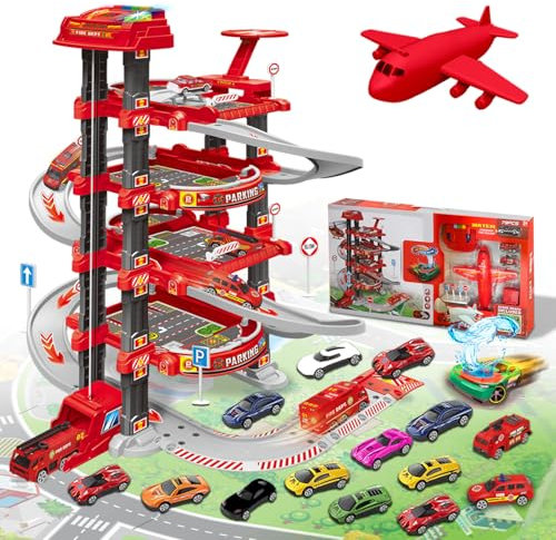 Xwin Sportseries 5-Storey Parking Garage Playset with Helipad, Spiral Ramps, Manual Lift, Car Wash, Toy Cars, Die-Cast Car Set, Vehicle Playset for Ages 3+