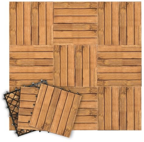 Fiqops Holzfliesen 30x30cm, Akazienholz Bodenfliesen 110Stück 10㎡,Terassenboden Außen,Klickfliesen Terrasse Mosaik für Garten Patio,Balkon Bodenbelag (6 Latten)