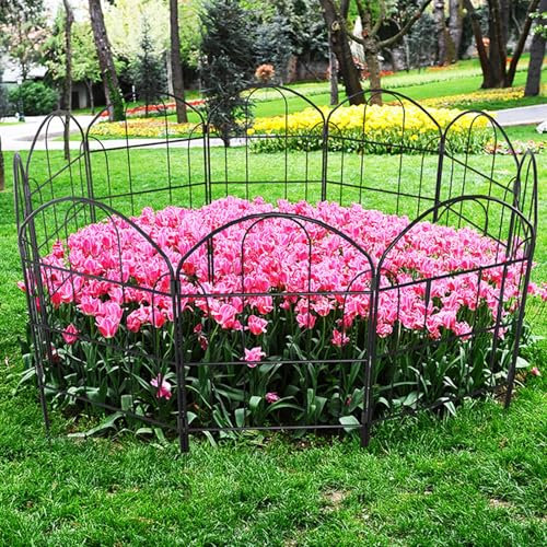 Metal Fence Panels, 10 Pack Outdoor Decorative Garden Fence, 24in (H) X 13in (L) Coated Metal RustProof Wrought Iron Wire Border, Folding Fencing for Backyard