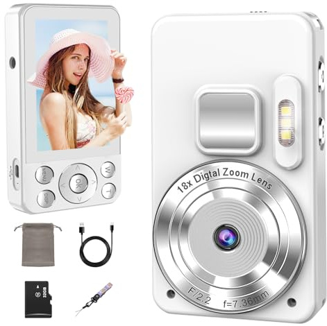4K Digital Camera,HD 64MP and 18X Digital Zoom Autofocus, with 32G Memory Card, 2.8 Large Screen, Compact Rechargeable Design for beginners（WHITE）