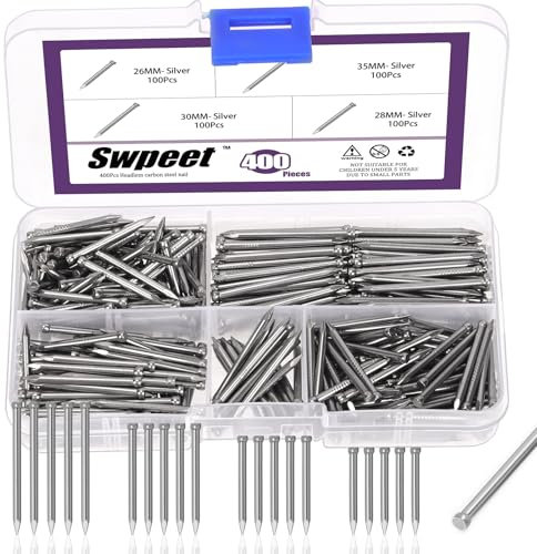 Swpeet Kit di 400 chiodi per finitura argento, 4 misure, 26/28/30/35 mm, kit assortito di chiodi con testa in acciaio al carbonio, per appendere quadri, legno, telaio, gesso e pareti in cemento