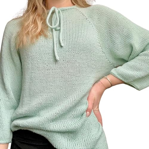 myboshi Strickset Pullover Santorin für Anfänger, inkl. Bambusgarn, Stricknadel, Wollnadeln, Anleitung, 60% Viskose, 40% Baumwolle, Grün (Minze) mit Rundstricknadel