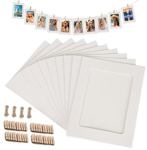 GALOZZOIT 40 Stück Fotogirlande Papier Bilderrahmen 15,5x11,5cm Weiß, Kraftpapier Fotorahmen mit 40 Holzklammern & 4 Hanfseilen für Wand Deko DIY Geburtstag Hochzeit Fotovorhang