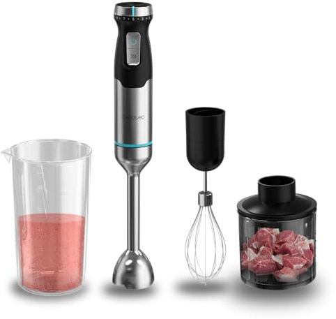 Cecotec Mixeur à Main XL Power Pulsar 2300MAX Cream&Crush Pro. 2300W, CrossBlades, 4 Lames en Titane Noir, Anti-éclaboussures, Turbo, Vitesse Ajustable, Design Ergonomique, Accessoires, Soft Touch