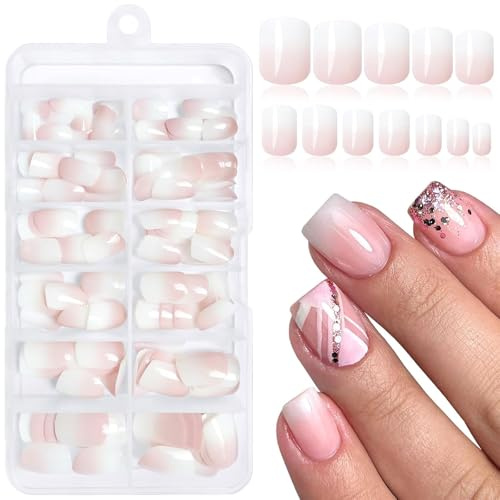 LunarCharm 144 pièces à presser courts carrés, Ombre blanc rose, faux ongles pour femmes, manucure artificielle DIY