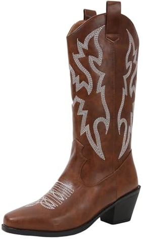 Xbemkste Stövlar dam blockklack medelhög broderi vintage cowboystövlar av läder västerländska stövlar varma fodrade vinterstövlar långa damstövlar halvstövlar, BRUN, 39 EU