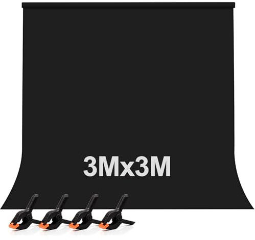 Fotobakgrund svart, 3 m x 3 m fotostudio bakgrund svart fotobakgrund, förtjockad och tät vävd ren nyans bakgrundstyg, svart bakgrund med 4 fjäderklämmor