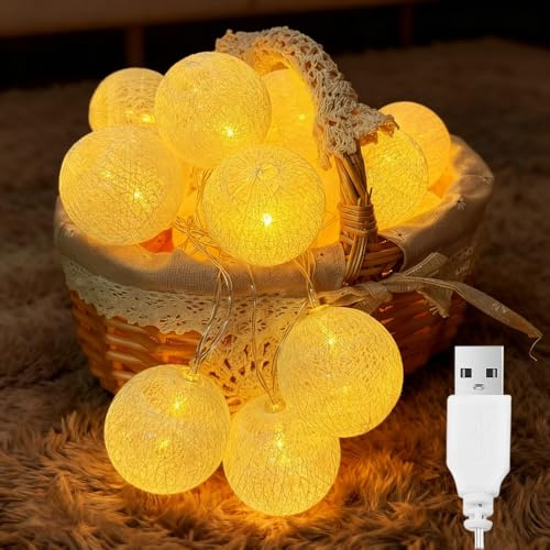 ALEGRE USB Lichterkette Baumwollkugeln, 3M 20 LED Baumwollkugeln Lichterkette Kugeln mit USB, 4cm Cotton Balls Lichterketten Innen, Warmweiß Lichterketten Kugel für Kinderzimmer, Weihnachten, Hochzeit