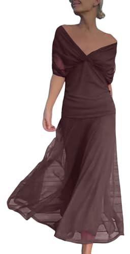 Vestido largo de gasa con hombros descubiertos con cuello en V profundo y cintura fruncida para eventos elegantes de noche y boda, marrón, S