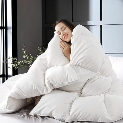 WhatsBedding White Queen Size Feather Down Fiber Comforter, Filled with Feather and Down Fiber, All Season Fluffy Ultra Soft 100% Cotton Duvet Insert, Luxury Hotel Bedding Style Comforter,90x90