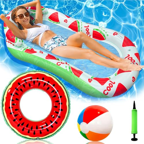 4-in-1 Swimming Pool Float Water Hammock Set, with Beach Ball/Watermelon Swimming Ring/Air Pump, Inflatable Lounger Floating Chair Beds, Relaxing Water Toys for Adult Kid, Tanning, Lake & Party