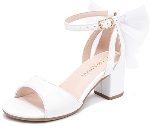LAURMOSA Girls Dress Shoes Kids High Heels Flower Girl Shoes White size 3 | Big Girls Dress Sandals with Back Bow, Open Toe Ankle Straps, Wedding, Party, Communion, Easter, Church, Graduation, Dance