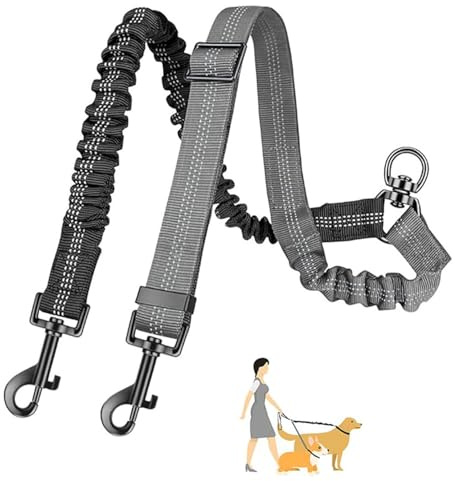 Double Lead for 2 Dogs (Black and Grey) | Adjustable No Tangling 360° Swivel Rotation Double Dog Lead for Walking 2 Dogs Training, Small, Medium and Large Dog