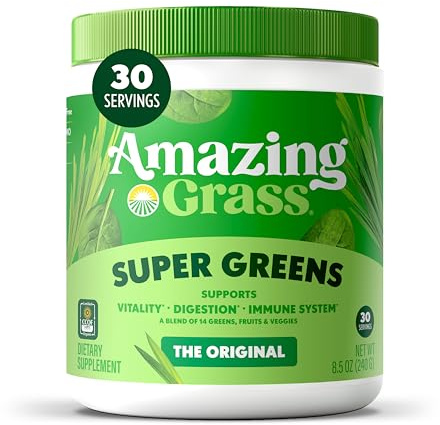 Amazing Grass Super Greens Powder, Organic, Greens Superfood Powder, Smoothie Supplements, Supports Digestion, Probiotics, Spirulina, Beet Root, Original, 30 Servings, 8.5 Ounce (Packaging May Vary)
