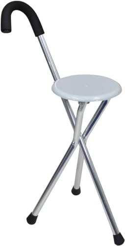 Light Weight Portable Folding Walking Stick with Chair Seat Cane Fitted with Anti Slip Rubber Feet (Walking Stick & Chair Seat) (White, One Size)