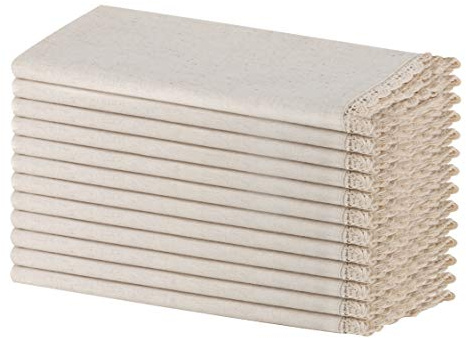 SweetNeedle - (Pack of 12) - Linen Flax Napkins with Crochet Lace Designer Dinner Cloth Napkin 50x50 CM (20x20 IN) in Natural - Premium Look, Flax Cotton Blend - 100% Cellulose Natural Fiber