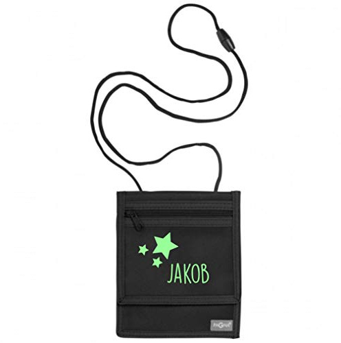 Brustbeutel mit Namen | Motiv Sterne inkl. Namensdruck personalisiert & Bedruckt | Geldbörse Kindergeldbeutel Münzfach für Kinder Jungen Mädchen mit Klettverschluss zum Umhängen (schwarz)