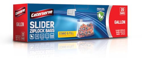 Slider Ziplock Bags – 1 Gallon Food Storage Bags - 20 Resealable Food Bags – Stand and Fill Expandable Bottom – Freezer and Microwave Safe – Ideal for Leftovers, Fruit, Veggies