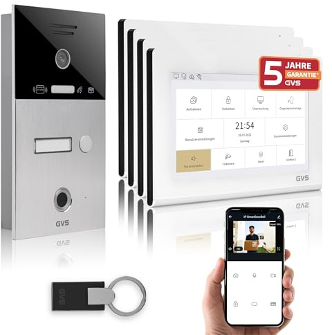 GVS Video Türsprechanlage mit Türöffner, Fingerprint, RFID, 4X 7 Monitore | Smarte Video Türklingel mit Kamera und Monitor & App - Gegensprechanlage für 1 Familienhaus (AVS4474U)