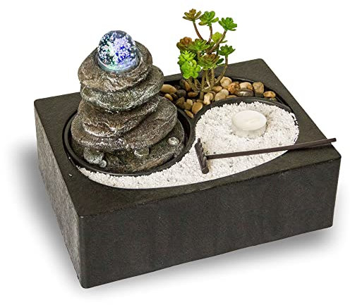 Zimmerbrunnen mit LED-Beleuchtung | Tischbrunnen mit Wasserfall und beweglicher Glaskugel | dekorativer Zierbrunnen mit Feng Shui Elementen | Springbrunnen mit Yin Yang Felsengarten für Zuhause