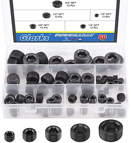 Glarks 60Pcs Carbon Steel 1/8'' 1/4'' 3/8'' 1/2'' 3/4'' NPT Pipe Plug Fitting Assortment Set Internal Hex Thread Socket Pipe Plug Kit