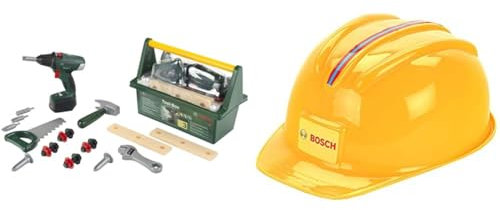Theo Klein Bosch Werkzeug-Box I Mit Hammer, Säge, Rollgabelschlüssel und vielem mehr I 31 cm x 16,5 cm x 12,5 cm & Handwerkerhelm I Der Spielzeughelm im Handwerker-Look I 25,8 cm x 19,5 cm x 11 cm