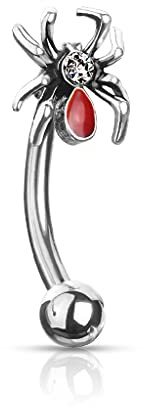 Pierced Owl 16GA Crystal Set Red Bellied Spider 316L Surgical Stainless Steel Cartilage Helix Daith Rook Eyebrow Curved Barbell (Steel)