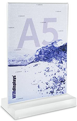 VITAdisplays Présentoir publicitaire DIN A5 avec base en Plexiglas massif satiné - Support en T comme support de table.