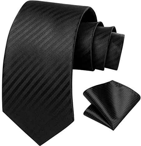HISDERN Schwarz Gestreifte Krawatte Taschentuch Klassische Elegant Formell Krawatten & Einstecktuch Set Für Beerdigung Meeting Party
