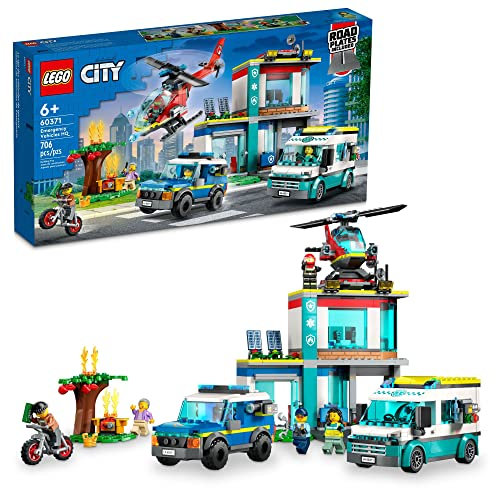 LEGO City Emergency Vehicles HQ 60371, Fire Rescue Helicopter Toy Set, Ambulance, Motorbike and Police Car Toys, Gift for Kids, Boys & Girls Age 6 Plus