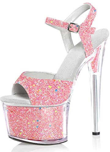 WOkismD Unisex herr dam paljetter 6,7 tum plattform höga klackar mode ankelrem öppen tå kristall stilettsandaler sexig pole dans strippa scenklänning pumps skor, rosa, 39